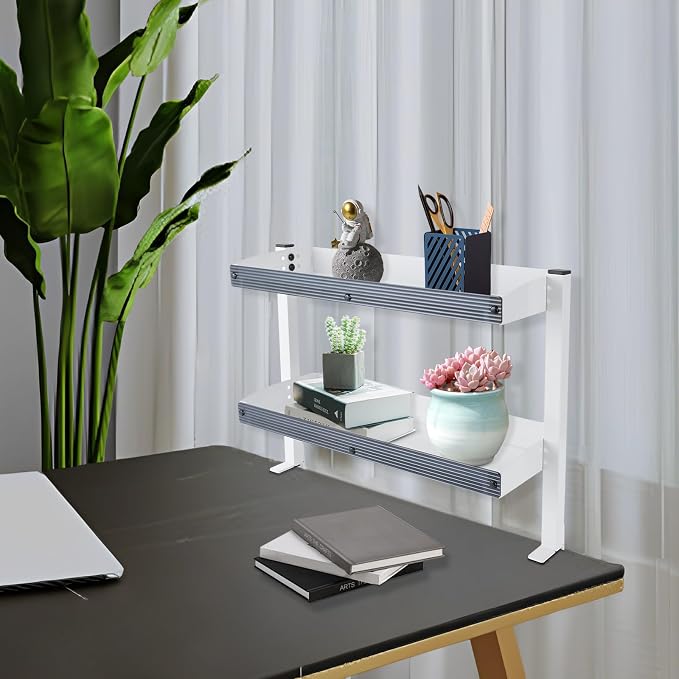 Clamp-on Desk Shelf, Desktop or Under-Desk 2-Tier Shelving Unit with Adjustable Metal Storage Tray, Clip-on Desk Shelf Office Organization (White)