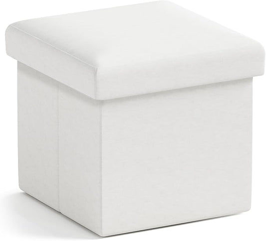 Ornavo Home Small Storage Ottoman Foldable Collapsible Cube Square Linen Ottoman Foot Rest Stool Seat, for Living Room, Bedroom, Home Office, Dorm - 12 x 12 x 12, White
