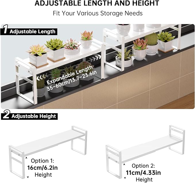 1pc Small Narrow Tall Shelf for Windowsill Kitchen Organizer Stackable Shelves Bathroom Sill Thin Shelves for Narrow Spaces Counter Top Racks (White, L13.8-23.6'' * W5.9'' * H7.5'')