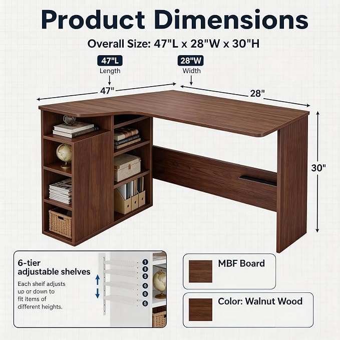 GAOMON L Shaped Office Desk with Storage Shelves, Small Corner Computer Desk for Home Office, Bedroom or Study, Space Saving Writing Workstation, Wood Desk with Side Cabinet, Brown