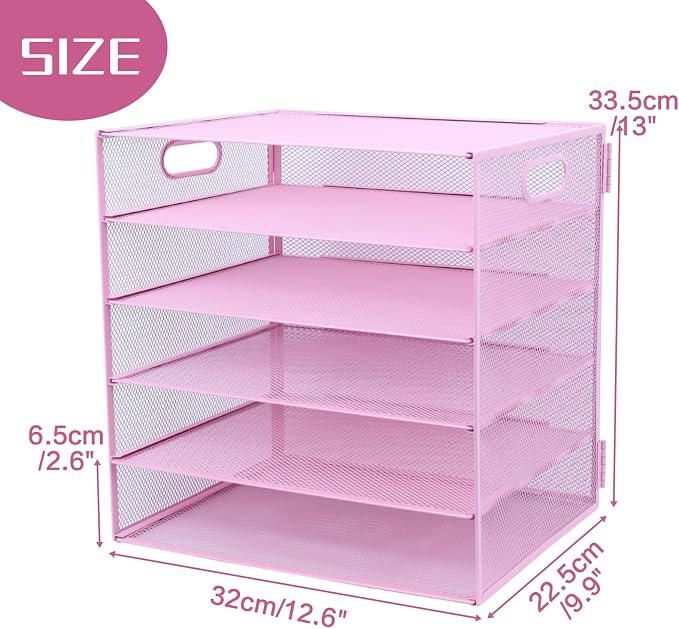 5 Tier Lettrer Tray Organizer, Metal Mesh Desk File Organizer with Sliding Trays, Paper Sorter Desk Organizer for Home Office School, Pink