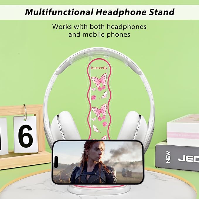 CamyCosy Headphone Stand Gaming Headset Holder for Desk,Pink Butterfly Pattern Clear Cellphone Stand Earphone Stand Desk Accessories for All Headphones Size