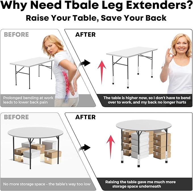 Table Leg Extenders White, Highly Durable Steel Folding Table Leg Risers, Table Leg Extensions Fits Straight & Bent Legs Table Height Extender for Rise Card Table 3.6/5.2 Inch Wobble-Free