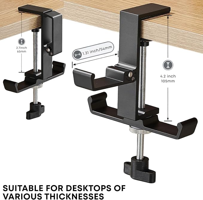 JAKO Headphone Stand for Desk, 3 Hooks Aluminum Alloy Headphone Holder (1 Foldable+2 Fixed) Space Saving Headset Stand Hook, Universal Fit PC Gaming Headsets Holder Desk Clamp for Office/Game Table