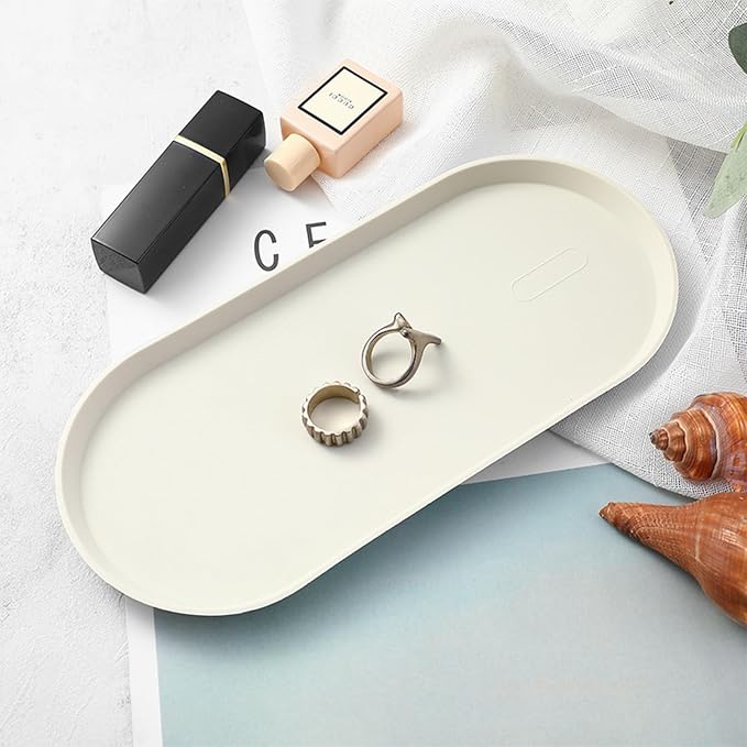 White Silicone Vanity Tray, 8.66x3.94 Inch Oval Food-Grade Counter Organizer, Dishwasher Safe Scratch-Proof Storage Tray for Jewelry Makeup Bathroom Desk