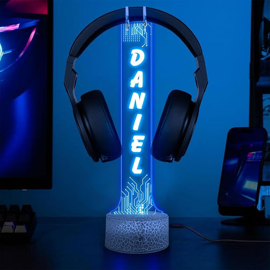 Personalized RGB LED Headphone Holder, Custom Gamertag Headset Holder with Light-Up Base, Streaming Setup Decor, Cool Xmas Gift for Gamers, Boyfriend or Him, Christmas Game Room Decor