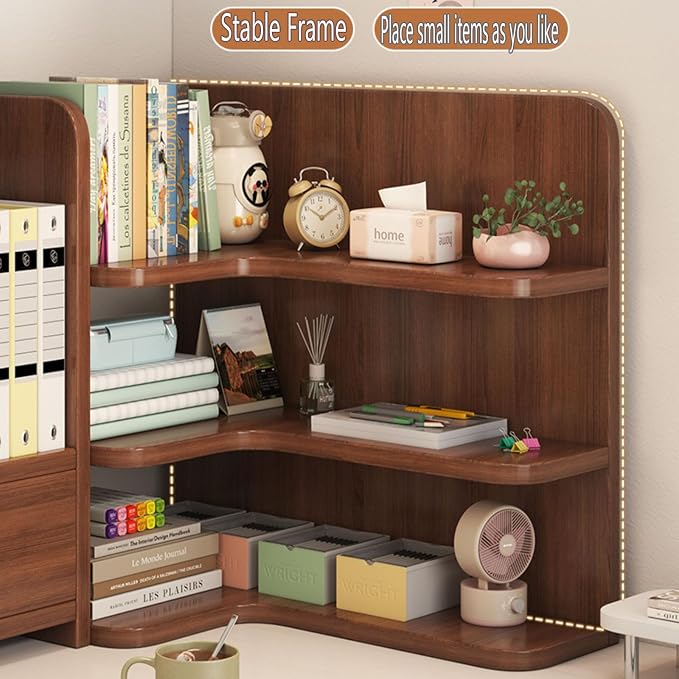Corner Desk Organizer - Multi-Tier Bookshelf with Doors, Student/Office Desktop Storage Shelf, Home Bookcase & Clutter Solution (Walnut)