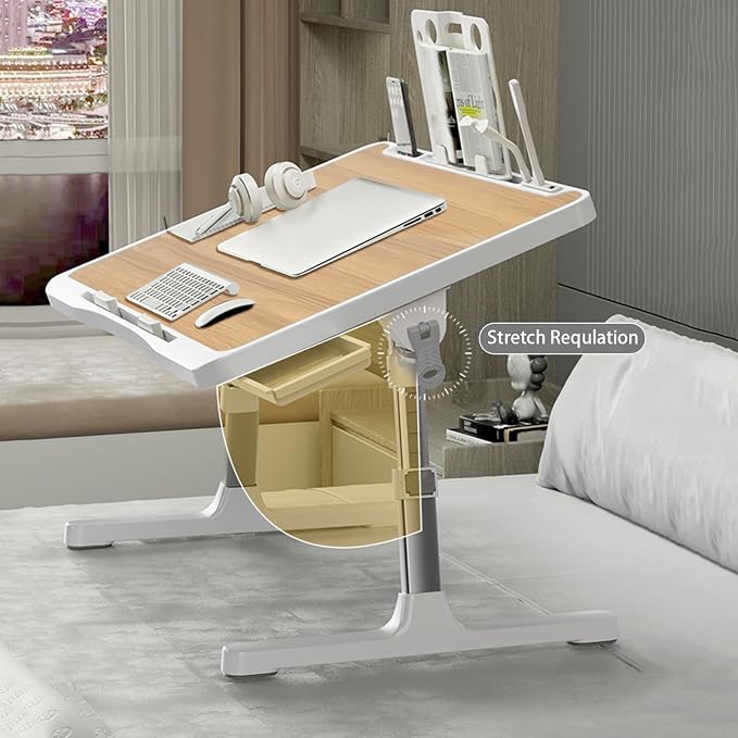 Extra Large 23 Inch Adjustable Laptop Desk for Bed with USB Charging Port, Foldable Bed Table with Storage Drawer, Portable Laptop Bed Desk Tray for Working, Writing, Reading & Eating (Yellow)