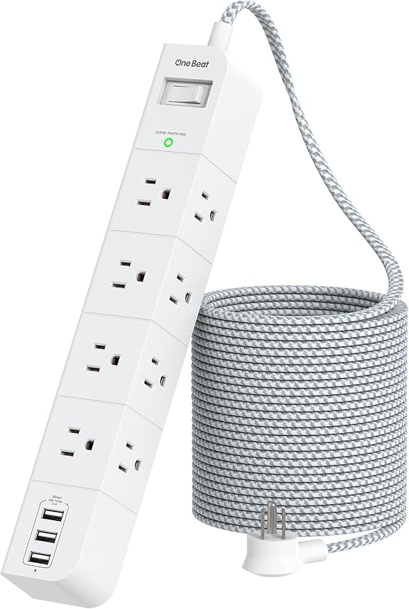 15 ft Surge Protector Power Strip, Flat Plug Extension Cord with 8 Widely Spaced AC Outlets and 3 USB Ports, ETL Listed Desktop Charging Station for Home Office Travel Computer Wall Mount