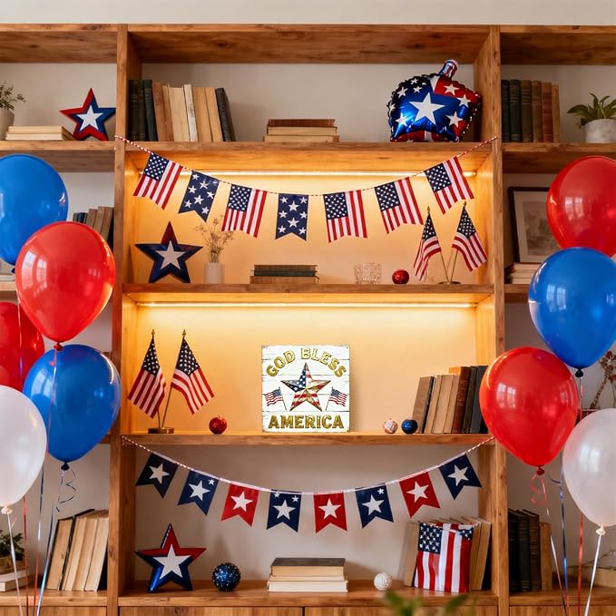 Patriotic Wooden Box Sign,God Bless America Star 4th Of July Signs Home Decor,Independence Memorial Day Block Sign for Desk Shelf Tabletop Decor