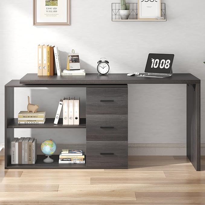 HSH L Shaped Computer Desk with Drawers, L Shaped Desk with Storage Cabinet Shelves, Large Reversible Corner Executive Home Office Desk, Industrial Wood Work Writing Study Table Workstation,Gray 60 In