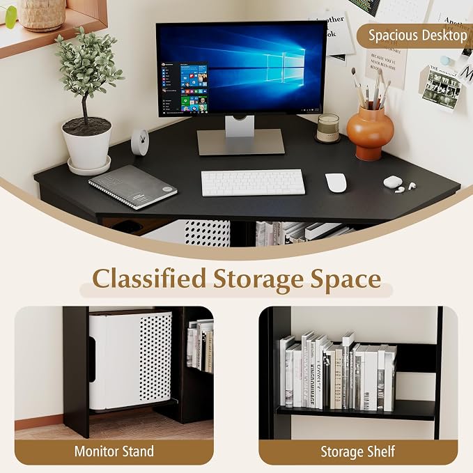 NAFORT Triangular Corner Desk with Storage Shelves and Cable Holes, Space Saving Writing Desk, Multi Functional Workstation for Home Office, Bedroom, PC Laptop Computer Table, Black