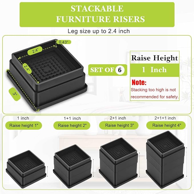6 Pack Furniture Risers 1 Inch, Adjustable Bed Risers Heavy Duty for Table Desk Couch Chair Sofa Cabinet Bed Frame Dorm, Square Stackable Table Leg Risers Lift Height 1", 2" or 3", Black
