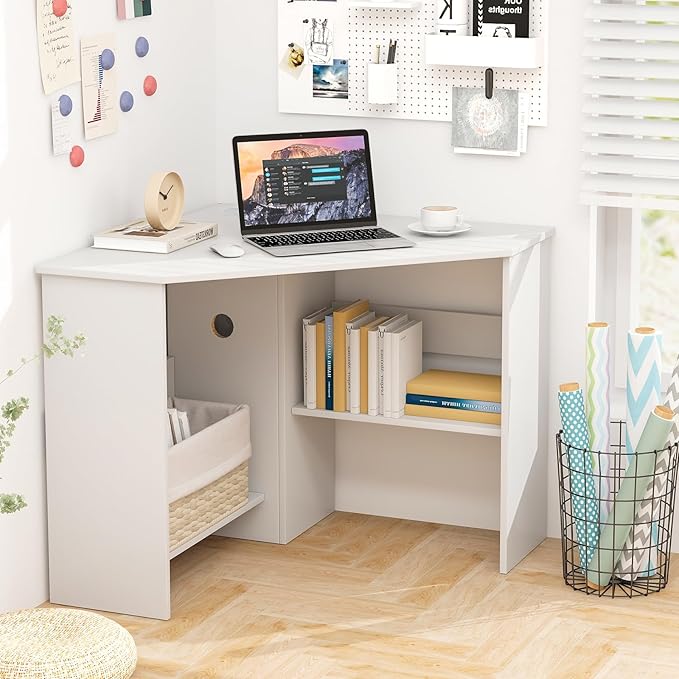 SlickBlue Corner Computer Desk with Triangle Design and Storage Shelf for Space-Saving