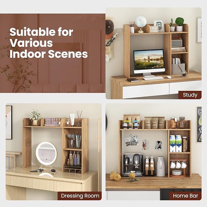 Desktop Bookshelf, 3-Tier Desk Organizer Shelves with 5 Display Rack, Countertop Storage Bookcase for Computer Desk, Desk Hutch Shelf for Top of Desk, Dorm, Home, Office (Natural)