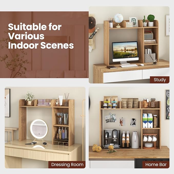 MAT EXPERT Desk Organizer, Wooden Desktop Shelf for 27 Inch Monitor with 5 Shelves & Non-Slip Foot Pads, Anti-Tipping Device, Multipurpose Desk Hutch for Study, Office, Dorm (Natural)