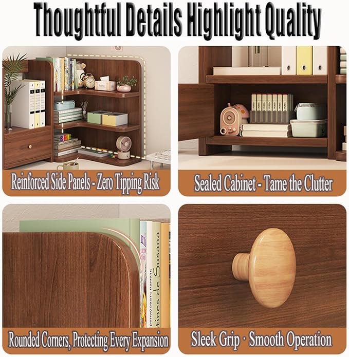 Corner Desk Organizer - Multi-Tier Bookshelf with Doors, Student/Office Desktop Storage Shelf, Home Bookcase & Clutter Solution (Walnut)