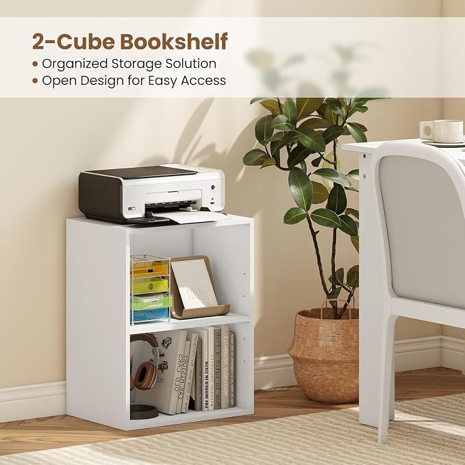 2 Cube Storage Organizer, 21" Small Bookcase with 5-Position Adjustable Panel, Under Desk Bookshelf, Modern Display Shelf, Wooden Cube Shelf for Home Office Bedroom (White)
