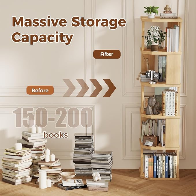 5 Tier Square Bookshelf Tower, Floor Standing Corner Bookshelf Modern Organizer Storage Display Rack for Home Office Living Room Study, Small Spaces