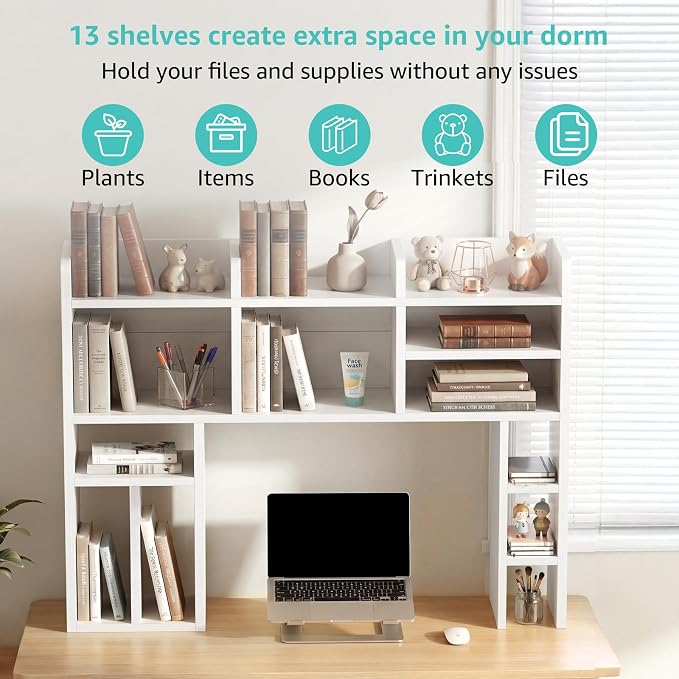 NUTIKAS White Desk Hutch Dorm with Shelves and File Organizer - 37" Wood Desktop Hutch for College Room, Desktop Bookshelf for Computer Desk, Space Saving Bookshelf
