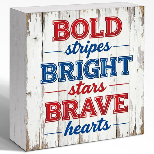 Patriotic Wooden Box Sign,Bold Bright Brave 4th Of July Signs Home Decor,Independence Memorial Day Block Sign for Desk Shelf Tabletop Decor