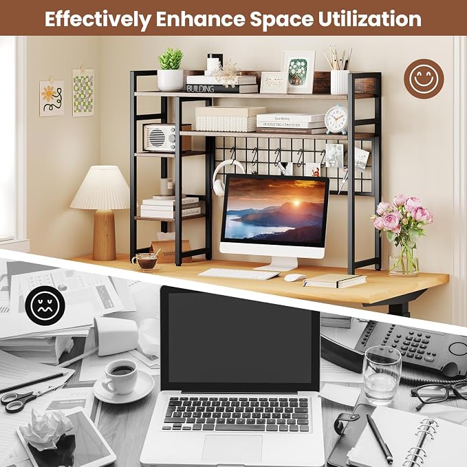Tangkula Desktop Bookshelf for Computer Monitor Up to 32”, 37" x 29" Countertop Storage Hutch with 4 Open Storage Shelves, Grid Panel, Anti-tip Device, 4-Tier Desktop Display Shelves for Home Office