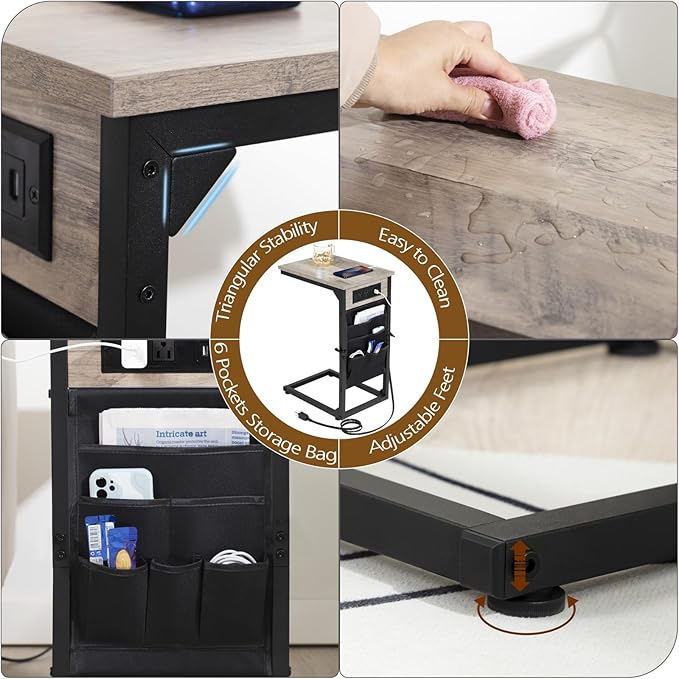 AMHANCIBLE C Shaped End Table with Charging Station, Couch Side Tables that Slide Under Sofa with Storage Bag, Slim TV Tray with USB Ports and Power Outlets for Living Room, Bedroom, Grey HET04CGY