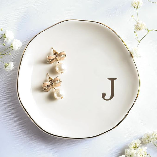 Ceramic Jewelry Tray Ring Dish Personalized J-Monogrammed Engagement Wedding Gifts, for Birthday Mother's Day for Women, Ceramic White 4.75" (J)