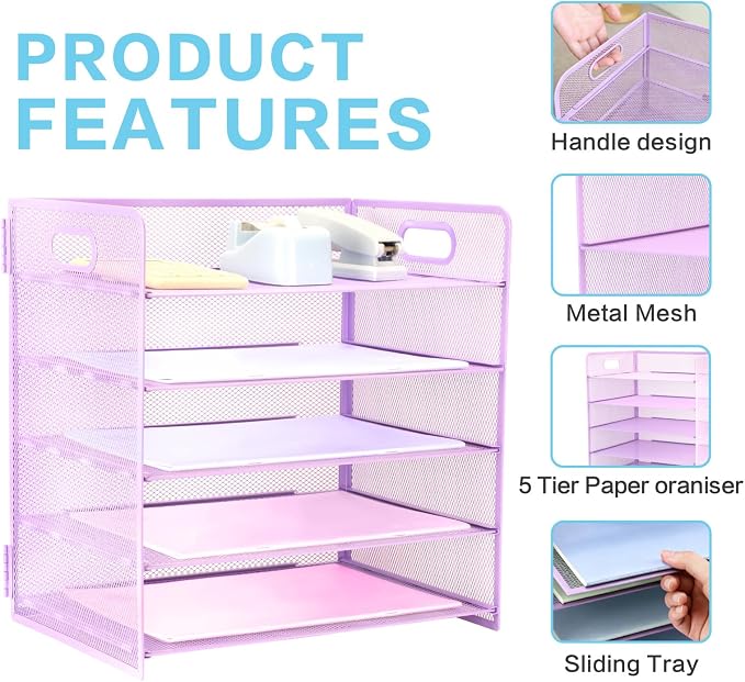 5 Tier Lettrer Tray Organizer with Handle, Metal Mesh Desk File Organizer with Sliding Trays, Paper Sorter Desk for Home Office School, Purple
