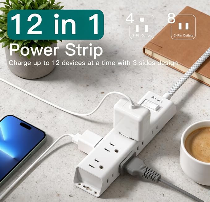 Addtam White Braided Power Strip Surge Protector with 12 Outlets, Flat Plug 5FT Extension Cord, 3-Side Wide Spaced Outlet Extender, Wall Mount Desk Charging Station for Home Office Dorm