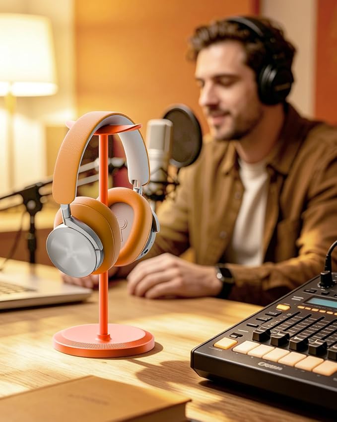 Headphone Stand, Desktop Headset Holder, Orange | Earphone Stand, Gaming Headphone Hanger, Enlarged Headrest Heavy Base, Office Desk Accessories for All Headphones Size