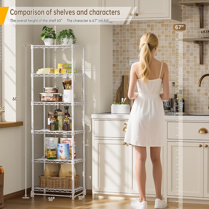 Golpart Small 6 tire Shelves Storage Wire Shelving Unit Metal Shelf Adjustable Organizers Storage Shelving for Bathroom Laundry Room Kitchen Pantry10”D x 16”W x 60”H White