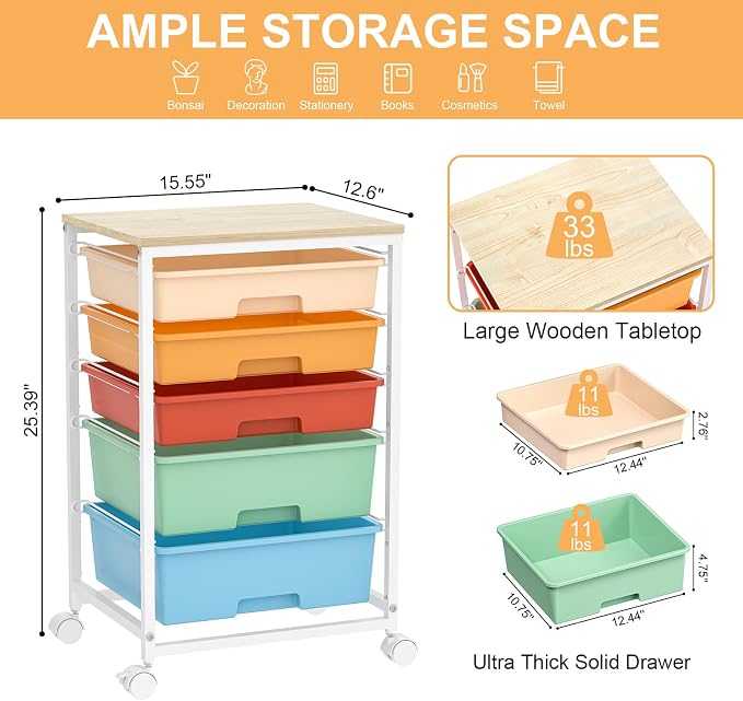 SYKIARIOL Utility Cart with 5 Drawers,Storage Cart with Wooden Tabletop and Lockable Wheels,Craft Storage Trolley Organizer,5-Tier Rolling Utility on Wheels,Macaron