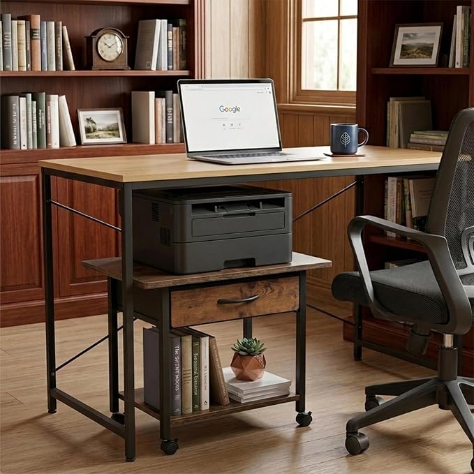 22" x 15" Under Desk Rolling Printer Stand, 2-Tier Industrial Mobile Printer Table with Strong Fabric Drawer,Storage Shelf, Steel Frame and Lockable Wheels, Printer Cart for Home Office (Rustic Brown)