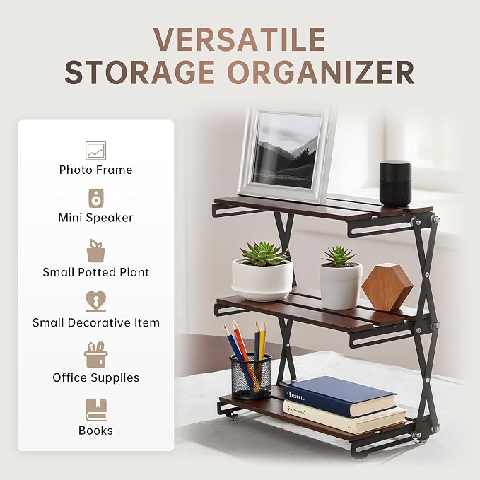 Desk Shelf Organizer 3 Tiers Wood Compact Desk Organizer Storage Rack Metal Frame Office Desk Shelf Organizers,Walnut