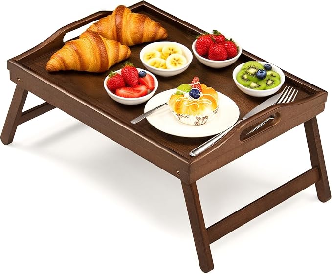 Bamboo Breakfast Tray Table with Folding Legs for Bed Table Sofa - Eating & Laptop Tray Bamboo with Folding Legs (Walnut)