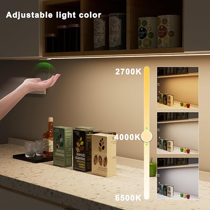 Under Cabinet Lights Plug in Cuttable 40 Inch Hand-Wave Ultra-Bright 1090lm 3-Color Flexible Silicone Slim Stick on Undercabinet LED Light Strip for Kitchen Counter / Sink, Under Shelf & Desk Lighting