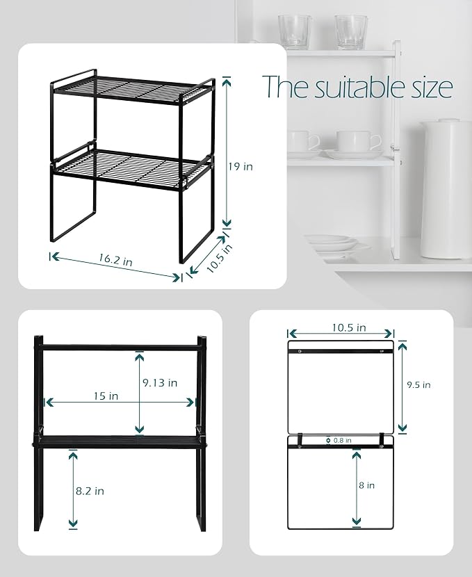 Shantton 2Pack Kitchen Cabinet Shelf Counter Organizer Rack Pantry Storage Bathroom Bedroom Office Table Desk Space Saving Stackable Rust Resistant Non Slip Black Tall Wide L16.1in W10.6in H9.5in