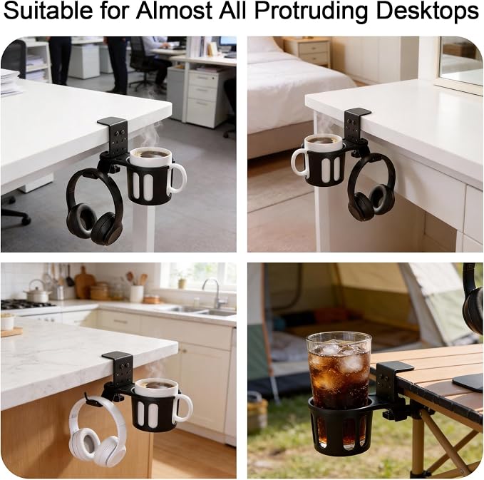 DecBeLiv 360° Rotating Cup Holder wiht Hook Under Desk Anti Spill Space Saving for Home Office Camping