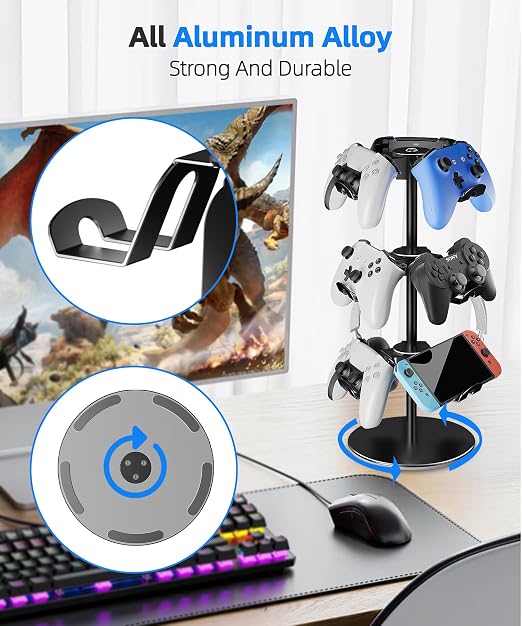 Aluminum Alloy Controller Holder 3 Layers,360 Degree Rotation Tier,Gaming Controller Stand for Xbox PS5 PS4 Switch,Headphone Stand,Headset Holder & Desk Mounts for 9 Packs Controller