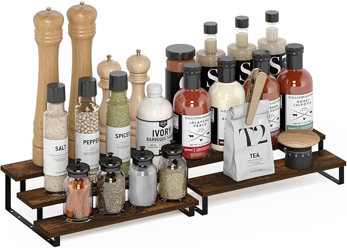 Furinno RAVEL Kitchen Countertop Organizer Set of 2, 3-Tier Counter Shelves, Kitchen Storage, Expandable, Spice Rack, for Pantry, Coffee Bar, Amber Pine