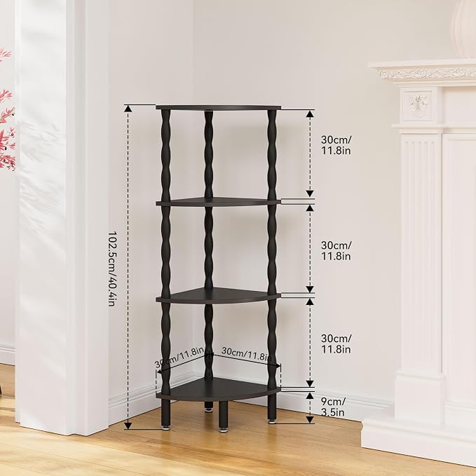 IBUYKE 4-Tier Corner Shelf,Stylish Corner Bookshelf for Small Spaces,Industrial Corner Storage Display Shelves,Small Corner Table for Bedroom,Bathroom,Kitchen, Black WBC019B