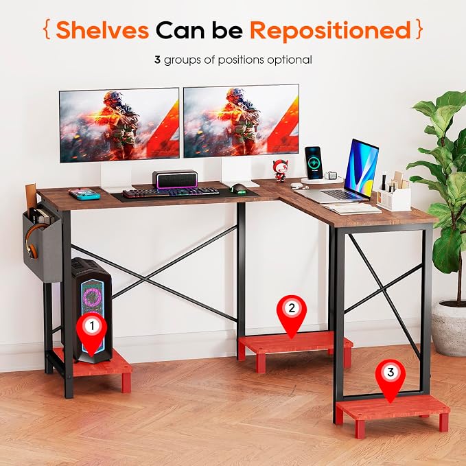 Dkelincs 50-Inch L Shaped Desk, Corner Computer Desk & Gaming Desk for Home Office and Dorm, Sturdy Writing Workstation with CPU Stand and Side Storage Bag (Brown)