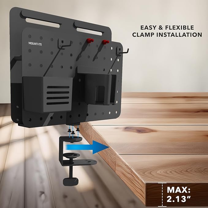 Mount-It! Desk Mounted Pegboard Organizer with 360° Rotation | Includes Cup Holder, Pen Holder, Hooks & Magnets | Clamp-on Desk Storage for Home Office, Workshop, Crafting Station (Black)