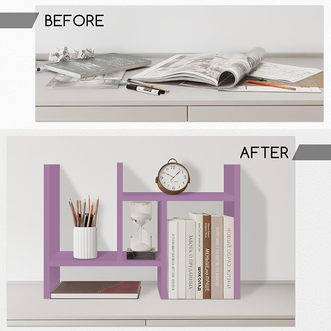 Jerry & Maggie Desktop Organizer Office Storage Rack Adjustable Wood Display Shelf Free Style Double H, Multi-Functional Mini Bookshelf for Desk Natural Stand (Violet/2 Pack)