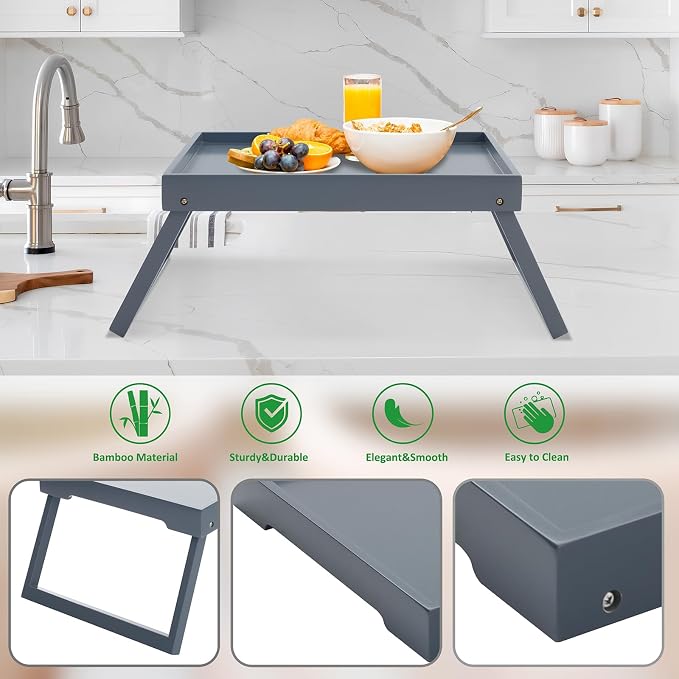 RRX Bed Tray Table with Folding Legs, Breakfast in Bed Tray (Grey)