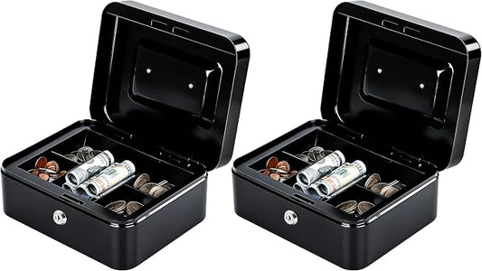 KYODOLED Metal Cash Box with Key Lock & Money Tray - Secure Safe for Home, Office & Events, Ideal for Cash, Meds & Small Items, 7.87" x 6.30" x 3.35", Black, 2 Pack