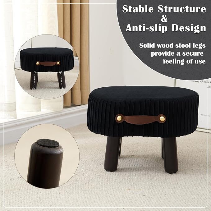 Foot Stools Ottoman with Handle Small Foot Stool Footrest Ottomon | Velvet Footstool Ottoman with Padded Seat, Curved Foot Rest Stool with Wooden Legs for Living Room, Entrywa（Black）
