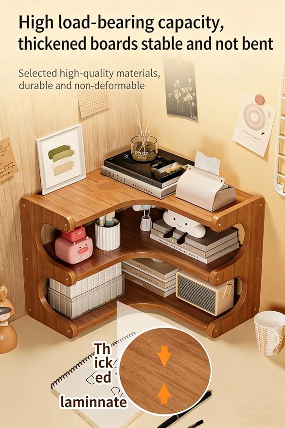 Corner Desktop Organizer Stable Durable, Solid Wood & Multi-Ply Board Corner Storage Shelf Space-Saving Empty Corner Decor with Rounded Edges for Home Office, Bedroom, Living Room and Kitchen