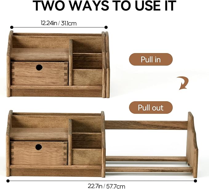 KIRIGEN Desktop Bookshelf Organizer with Drawer, Expandable Wood Desk Shelf, Fully Assembled Book Rack for Office Supplies, Files and Notebooks, 12.24 to 22.7 in Adjustable Width, SSSJ-S-DBR